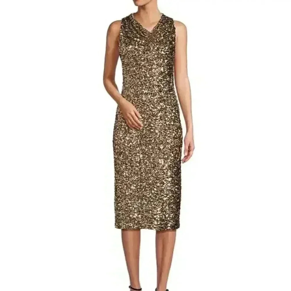 NWT $199 Antonio Melani Phoenix Gold Sequin Cowl Neck Sleeveless Midi Dress SZ 0